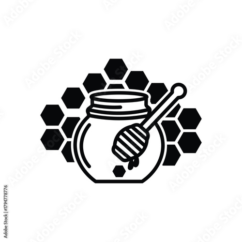 honey jar vector with dipper and honeycomb design.eps