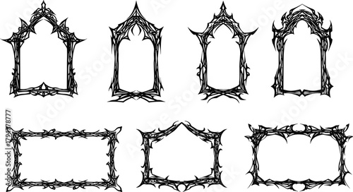Dark ominous gothic frames set, spooky mystical medieval arch borders, black sharp horror vector collection, isolated fantasy tattoo style design elements, creepy abstract shapes.