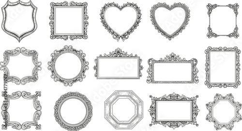 Vintage elegant hand drawn frame set, baroque ornament swirls, royal antique design collection, retro sketch engraving style, isolated luxury decorative