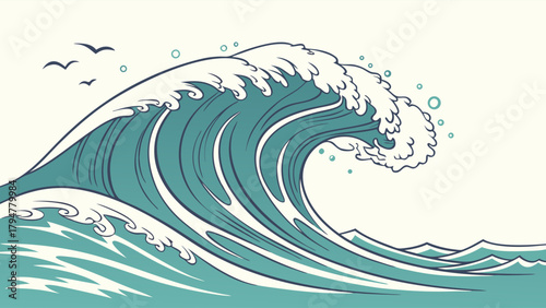 Dynamic Ocean Wave Illustration with Crashing Foam and Birds for Summer Travel, Surfing, and Beach Vacation Marketing Design