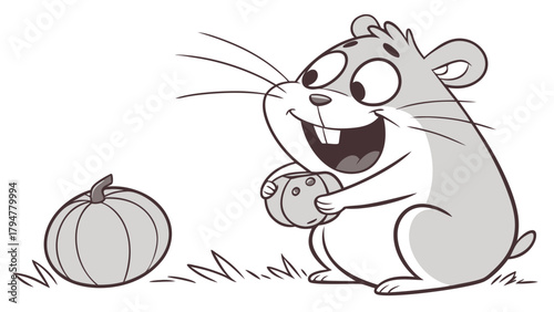 Cute Cartoon Hamster Happily Holding Mini Pumpkin in Autumn Grass for Fall Harvest Season Kids' Marketing and Education