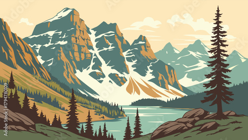 Majestic Mountain Landscape with Snowy Peaks and Alpine Lake. Stylized Vector Art for Travel, Outdoor, Nature Marketing and Web Design.