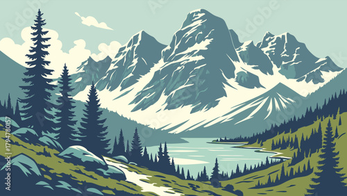 Serene Flat Design Mountain Lake Landscape Vector Illustration for Travel Websites Outdoor Recreation and Environmental Campaigns