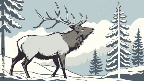 Powerful Elk in Snowy Winter Forest Landscape Vector Art for Nature Wildlife Conservation Outdoor Adventure Travel and Seasonal Holiday Marketing Design