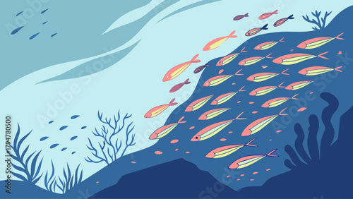 School Of Fish Swimming Together In Deep Ocean. Underwater Marine Life Illustration For Teamwork, Unity, And Business Collaboration