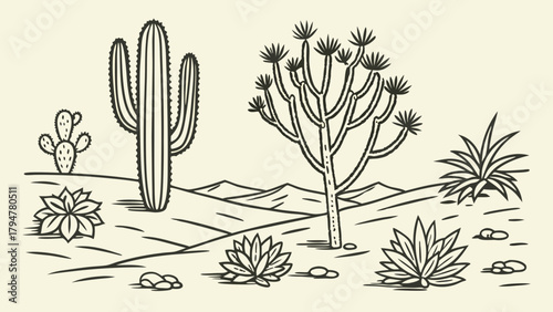 Minimalist Desert Landscape Line Art Illustration with Cacti and Succulents Arid Environment Ecology Botany Vector Graphic