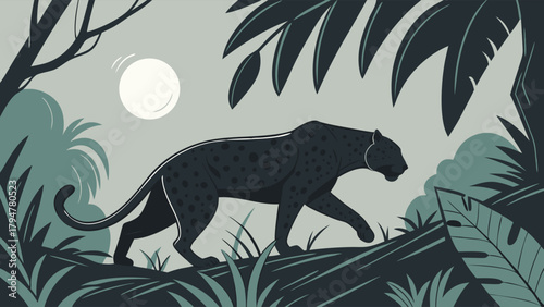 Stealthy Black Panther Prowling Through Moonlit Jungle. Minimalist Wild Animal Illustration for Nature, Travel, and Design Projects
