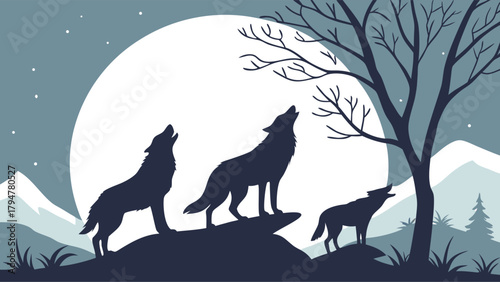 Powerful Wolves Howling at a Majestic Full Moon in a Wild Winter Night Landscape. Primal Nature Silhouette, Wilderness Spirit, Mystical Pack Unity