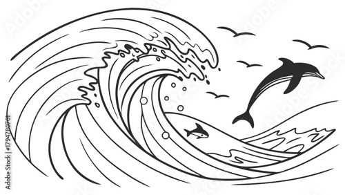 Dynamic Ocean Wave with Jumping Dolphin and Flying Seagulls Line Art. Powerful Marine Life Illustration for Summer Travel, Nature Education, and Web Design Projects.