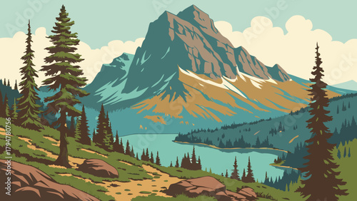 Retro Flat Design Mountain Lake Forest Landscape for Travel Tourism Outdoor Adventure Nature Exploration Web Print Marketing