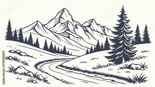 Vintage Hand Drawn Mountain Landscape Line Art with Winding Path and Pine Trees for Outdoor Adventure Travel and Nature Tourism Branding