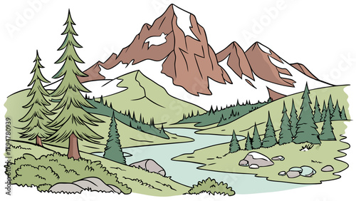 Vibrant Illustrated Mountain Landscape with Serene River and Pine Forest for Nature Tourism and Outdoor Recreation