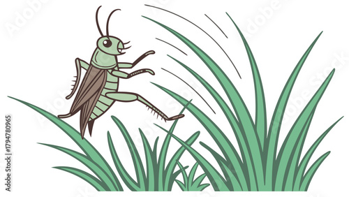 Vibrant Green Grasshopper Leaping Through Lush Grass Nature Wildlife Illustration for Summer Outdoor Activities and Childrens Educational Content