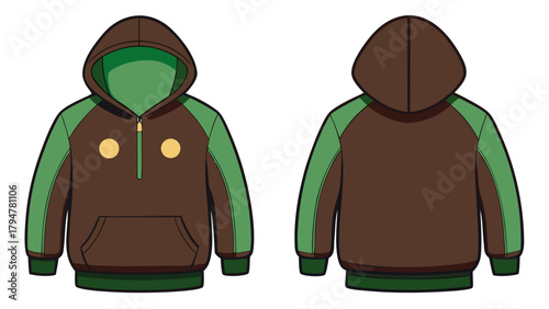 Green brown  sweatshirt hoodie mockup featuring both front and back perspectives, provided on a white background.
