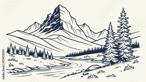 Vintage Mountain Landscape Line Art Illustration. Hand Drawn River, Majestic Peaks, Pine Trees. Nature Graphic for Outdoor Brands, Travel, Web, Apparel Print.
