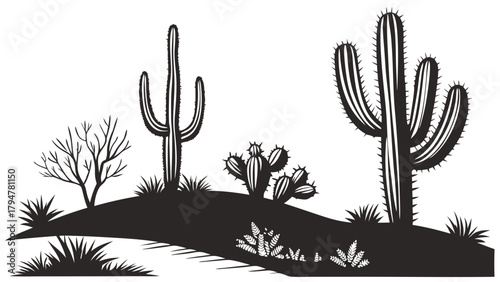 Desert Silhouette Landscape with Saguaro and Prickly Pear Cacti Arid Western Nature Scene for Travel Outdoor and Environmental Design.