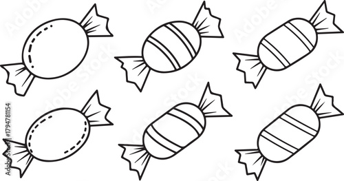 Six Hand Drawn Outline Candies with Stripes and Dots on White Background candy sweets