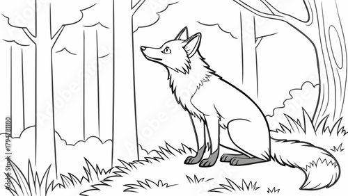 Wild Fox Sitting Calmly in Forest Line Art Drawing for Children's Coloring Books Educational Resources and Nature Themes