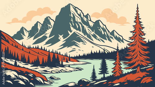 Retro Mountain Lake Landscape Illustration. Majestic Peaks, Pine Forest, and Tranquil Water for Outdoor Adventure, Travel, Web Design, and Branding.