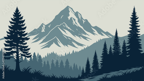 Minimalist Mountain Landscape Vector Art with Pine Forest and Hiking Path for Outdoor Adventure, Travel Blogs, Web Design, and Nature Branding