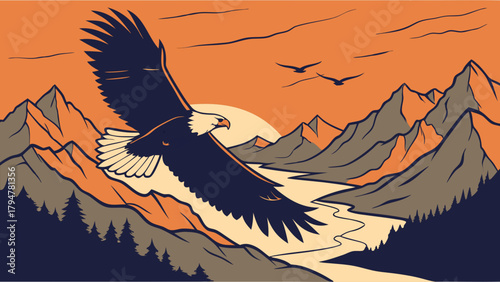 Majestic Bald Eagle Soaring Over Mountain River at Sunset. Wilderness Nature Travel, Freedom, and Adventure Vector Art