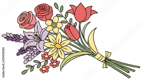 Vibrant Spring Flower Bouquet with Roses Tulips and Lavender Tied for Joyful Celebration, Gift Giving, and Event Design