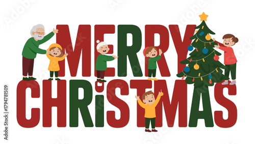 Merry Christmas: A heartwarming scene unfolds as a group of children, an elderly person gather together, decorating a festive Christmas tree, The words Merry Christmas are elegantly displayed.