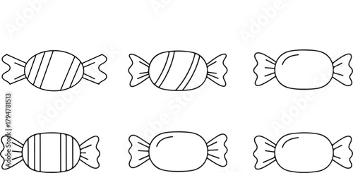 Six Hand Drawn Outline Candies in Rows on White Background candy sweets