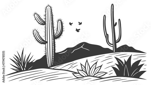 Southwest Desert Landscape with Saguaro Cacti Mountains and Flying Birds Vintage Black and White Art for Travel Nature Outdoors