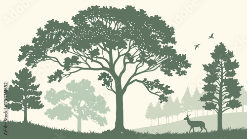 Peaceful Forest Silhouette with Deer and Birds. Nature Background for Sustainable Design, Outdoor Marketing, Wellness