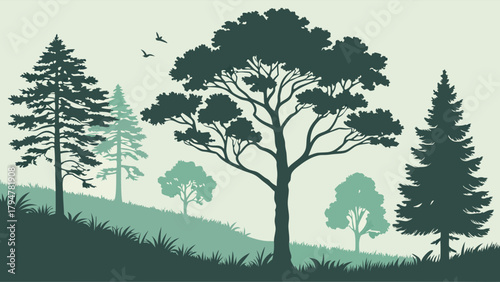 Minimalist Forest Silhouette Landscape Vector Illustration with Diverse Trees for Nature Conservation Eco-Friendly Web Design and Wellness