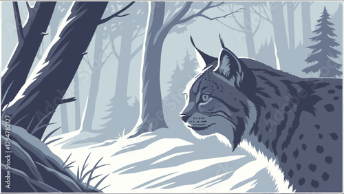 Monochromatic Vector Illustration of Majestic Wild Lynx Cat in Serene Snowy Winter Forest for Nature Conservation Wildlife Education and Environmental Design