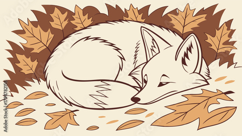 Cozy White Fox Sleeping Curled Up in Autumn Leaves. Peaceful Fall Nature Illustration for Seasonal Marketing, Web Design, and Relaxation Content.