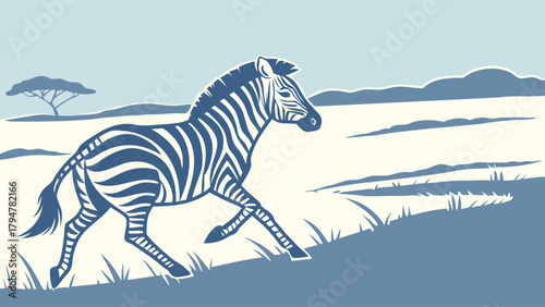 Dynamic Young Zebra Running in Wild African Savanna Illustration for Nature Travel and Education