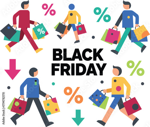 Black Friday Shopping Sale with Discount Percentages and Happy Shoppers