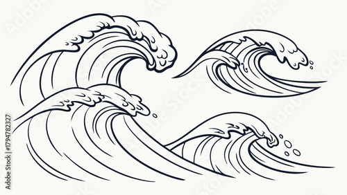 Dynamic Ocean Waves Line Art Vector Set for Summer Beach Travel Web Design. Hand Drawn Sea Surf Elements for Marine Branding and Graphic Projects