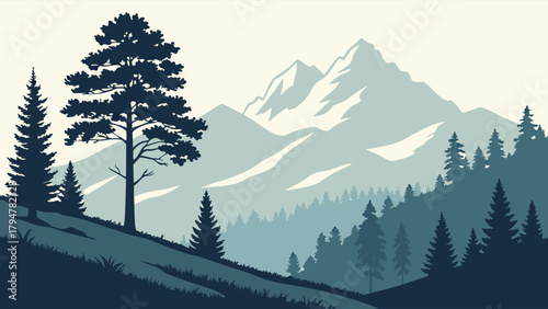 Minimalist Layered Mountain Landscape Vector Art with Pine Forest and Snowy Peaks Serene Nature Background for Travel and Web Design