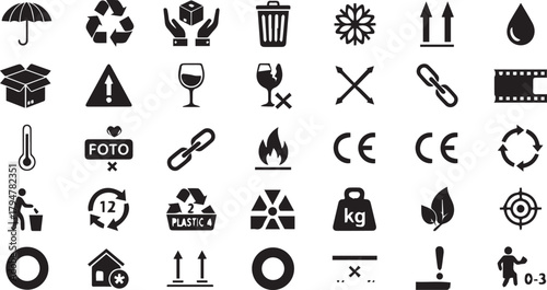 Black vector icon set for commercial packaging, logistics, handling, and safety warnings on white background
