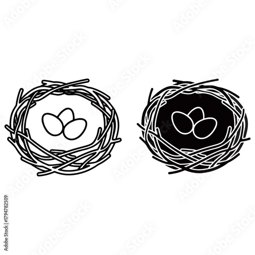 Two bird nests with eggs, one white and one black