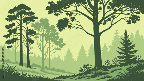 Green Forest Vector Landscape with Lush Trees for Environmental Design, Eco-Friendly Branding, Nature Websites, and Peaceful Spring Summer Backgrounds