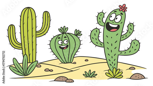 Happy Cartoon Desert Cacti Smiling for Kids Education Summer Fun and Nature Web Design