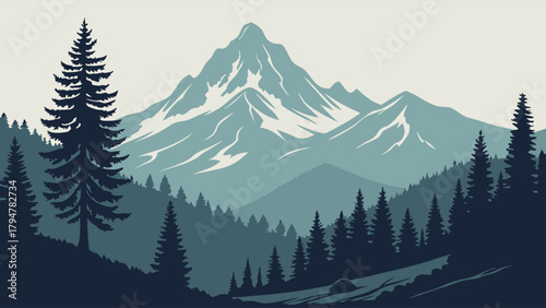 Peaceful Mountain Landscape Vector Art with Pine Trees for Nature Tourism Web Design and Outdoor Adventure Background