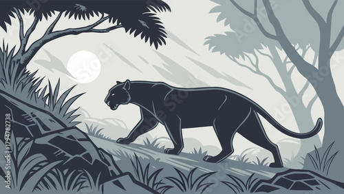 Mysterious Black Panther Prowling Wild Jungle Landscape with Moon Monochrome Vector Illustration for Wildlife and Power Branding
