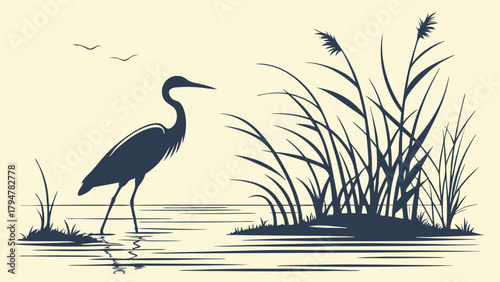 Graceful Heron Wading in Serene Wetland with Reeds Silhouette for Nature Conservation, Eco Tourism, and Wildlife Education Projects