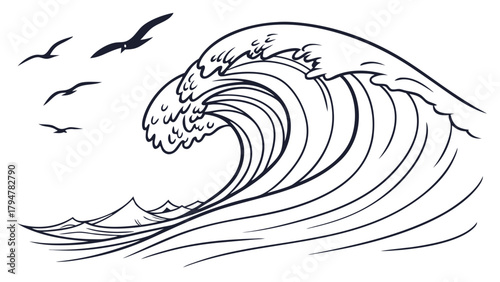 Dynamic Ocean Wave Line Art Illustration with Soaring Seagulls for Nature Travel Adventure and Business Challenge Metaphor Design