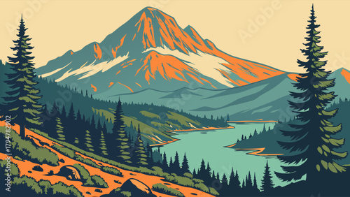 Majestic Mountain Lake Landscape Flat Design Vector Illustration for Outdoor Adventure Travel Tourism Nature Conservation and Web Design