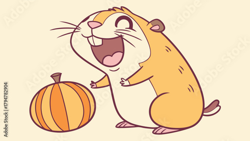 Happy Cartoon Hamster Laughing with Pumpkin. Cute Autumn Fall Holiday Marketing, Kids Content, and Seasonal Promotions.