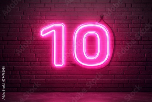 Bright Neon Number Ten with Vibrant Pink Glow Against Dark Wall