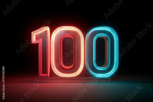 Neon number 100 illuminated in red and blue light on a black background