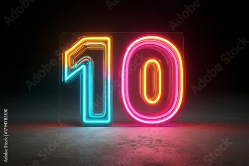 Neon Number Ten Brightly Lit in Colorful Glow Against Dark Background